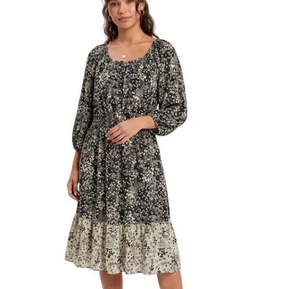 Knox Rose Black Green Floral Smocked Waist Midi Dress Womens Medium Boho Ruffle - Picture 12 of 12